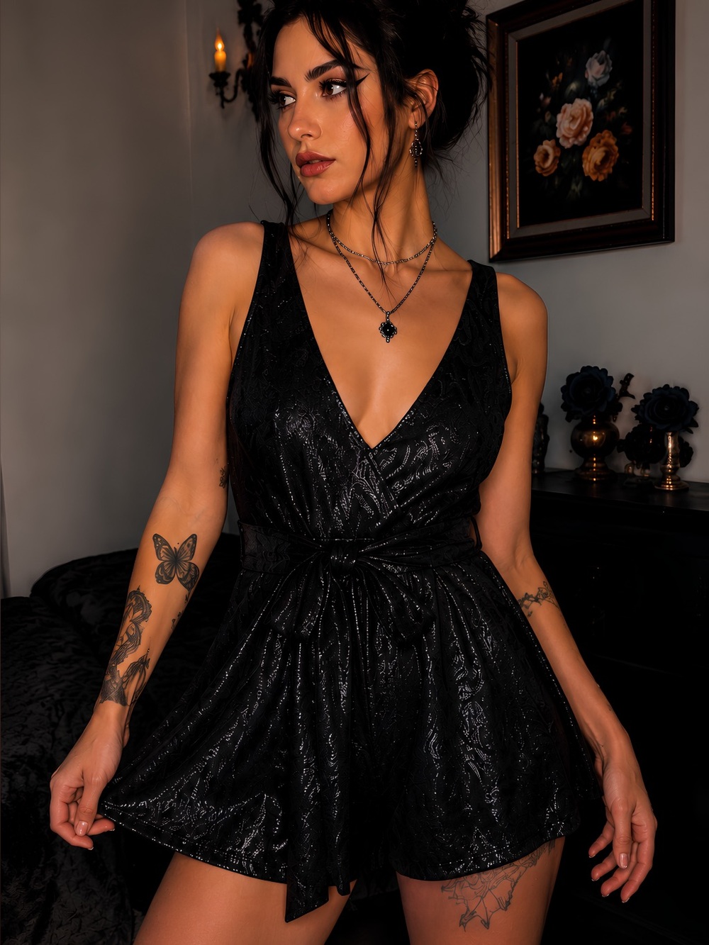 BlackMilk Vintage Midnight Brocade Romper XL
